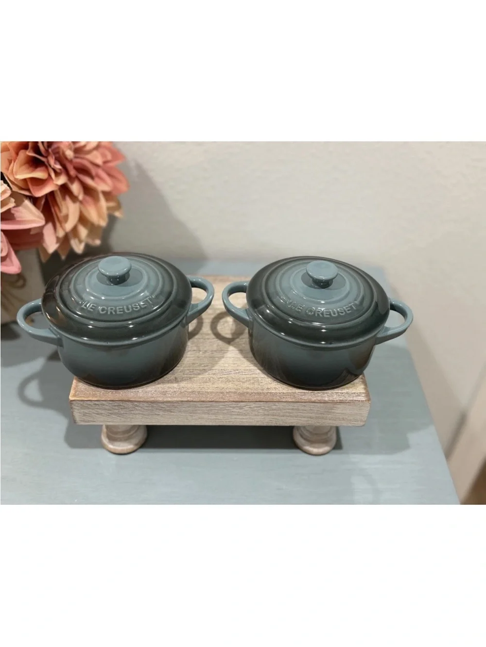 Rare! Le Creuset Mini Cocotte w/ Lid - 8 Oz - Ocean - NIB Set Of 2